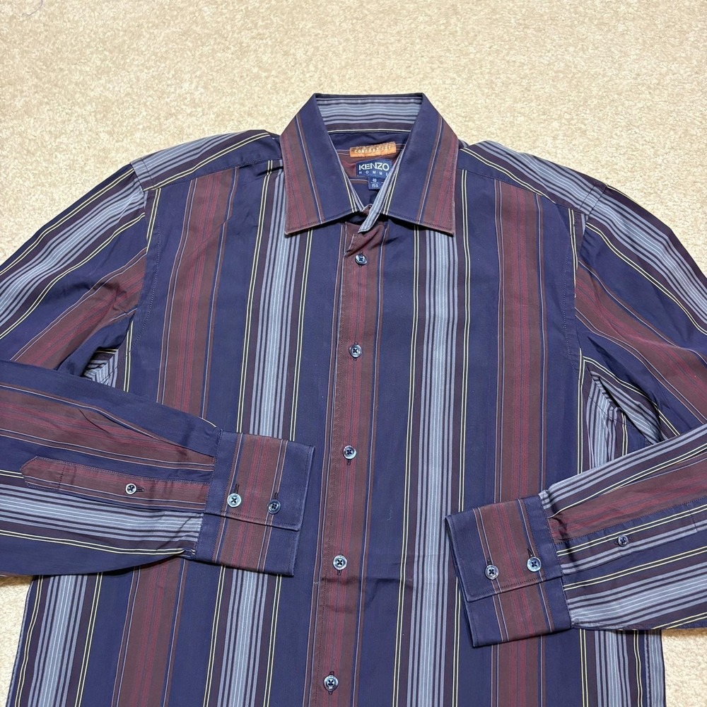 Vtg Kenzo Shirt Mens 40 15.5 Blue Stripe Comfort Fit Long‎ Sleeve Dress Casual